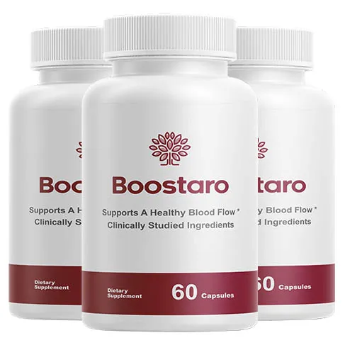 Three bottles of Boostaro men's wellness supplement supporting healthy blood flow with clinically studied ingredients