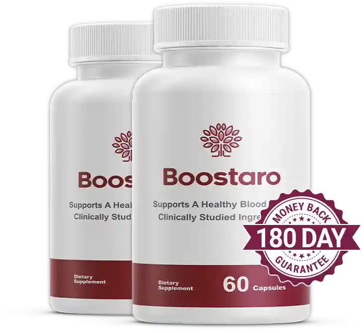 	Boostaro dietary supplement bottles backed by a 180-day money-back guarantee seal